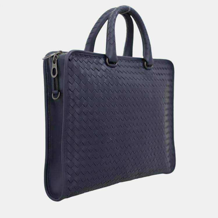 Pre Owned Bottega Veneta Blue Leather Intreciatto Laptop Briefcase Bag