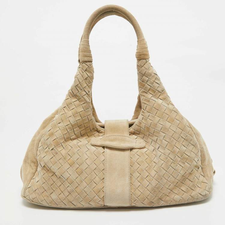 Pre Owned Bottega Veneta Light Beige Intrecciato Suede Shoulder Bag