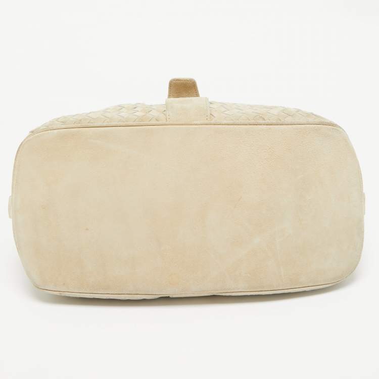 Pre Owned Bottega Veneta Light Beige Intrecciato Suede Shoulder Bag