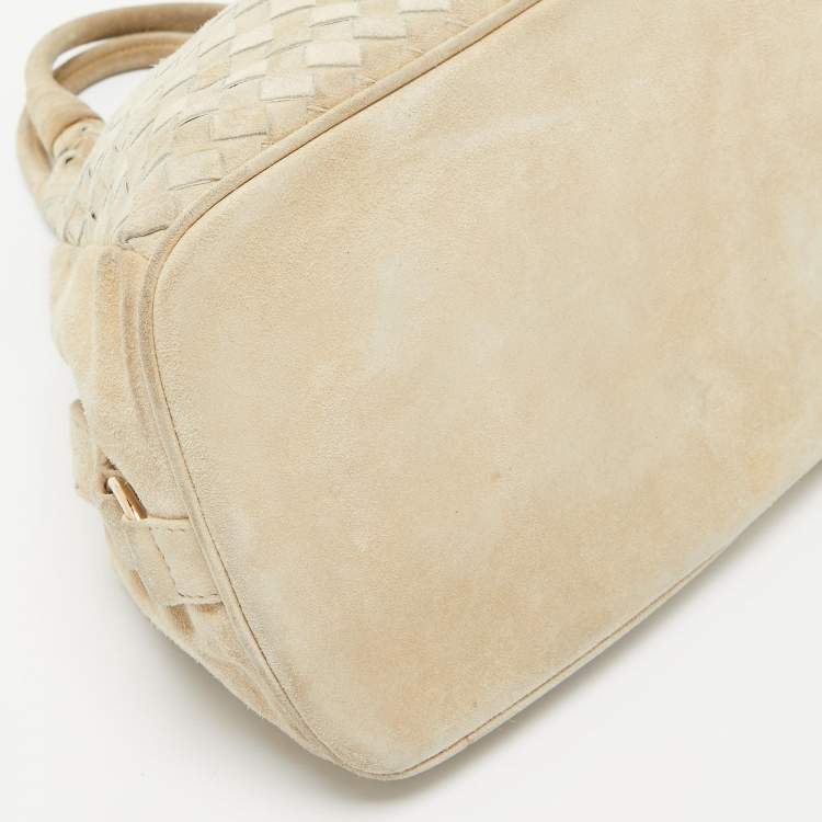 Pre Owned Bottega Veneta Light Beige Intrecciato Suede Shoulder Bag