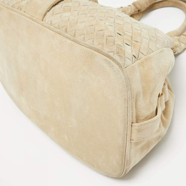 Pre Owned Bottega Veneta Light Beige Intrecciato Suede Shoulder Bag