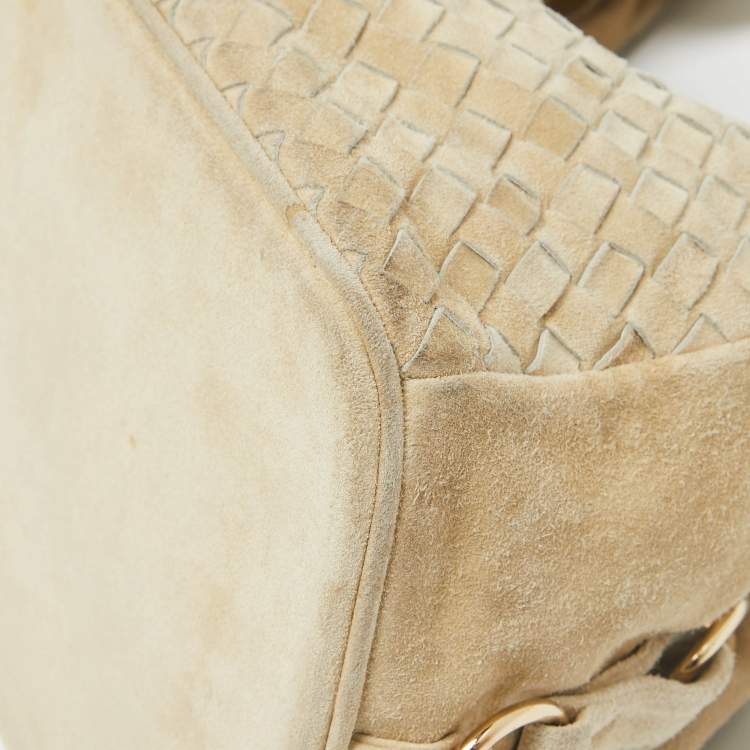 Pre Owned Bottega Veneta Light Beige Intrecciato Suede Shoulder Bag