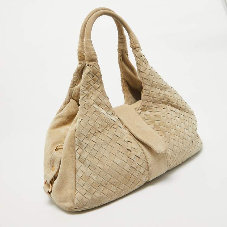 Pre Owned Bottega Veneta Light Beige Intrecciato Suede Shoulder Bag