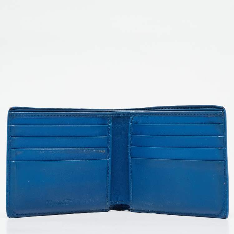 Pre Owned Bottega Veneta Black/Blue Intrecciato Leather Bifold Compact Wallet