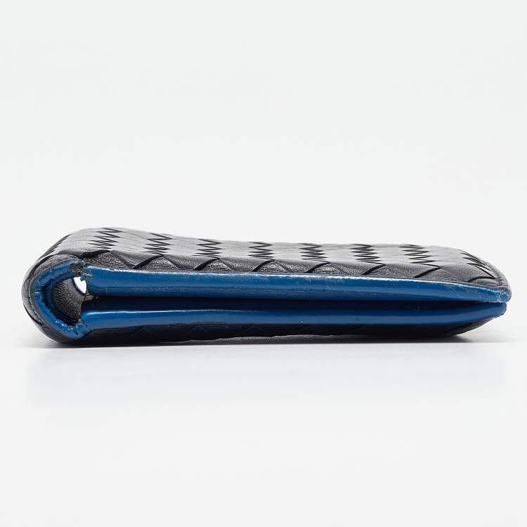 Pre Owned Bottega Veneta Black/Blue Intrecciato Leather Bifold Compact Wallet
