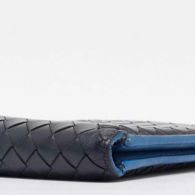 Pre Owned Bottega Veneta Black/Blue Intrecciato Leather Bifold Compact Wallet