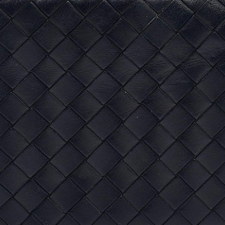 Pre Owned Bottega Veneta Black/Blue Intrecciato Leather Bifold Compact Wallet