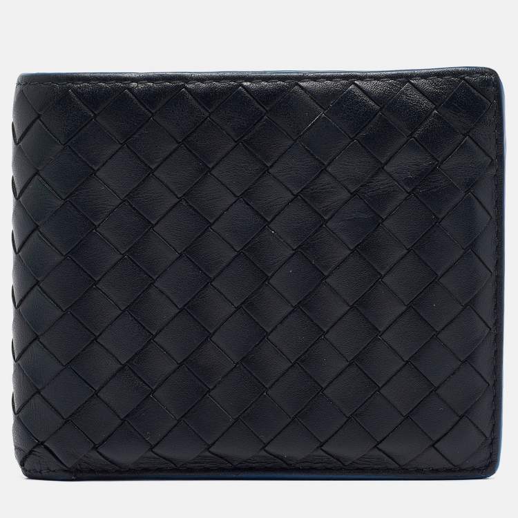 Pre Owned Bottega Veneta Black/Blue Intrecciato Leather Bifold Compact Wallet