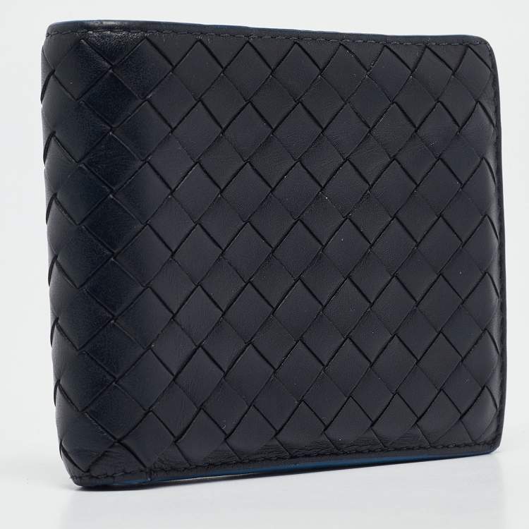 Pre Owned Bottega Veneta Black/Blue Intrecciato Leather Bifold Compact Wallet