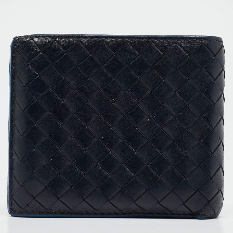 Pre Owned Bottega Veneta Black/Blue Intrecciato Leather Bifold Compact Wallet