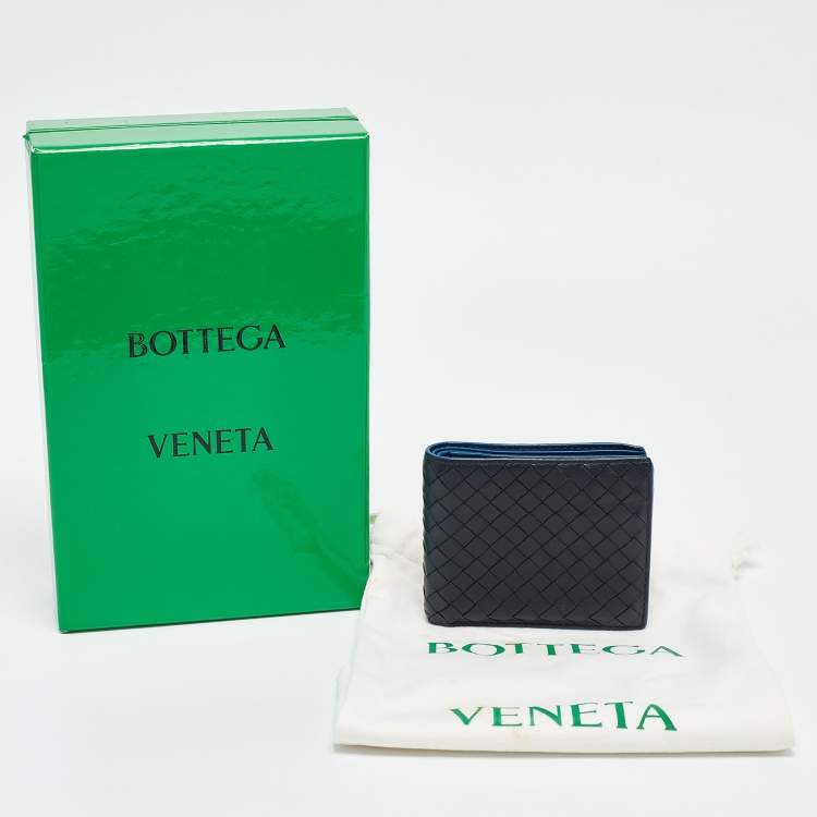 Pre Owned Bottega Veneta Black/Blue Intrecciato Leather Bifold Compact Wallet