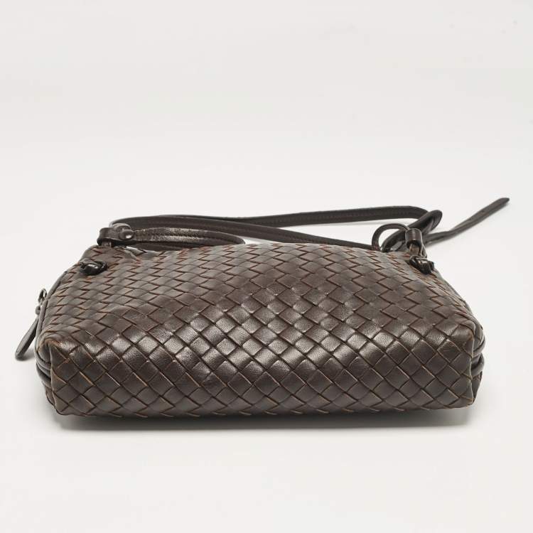 Pre Owned Bottega Veneta Dark Brown Intrecciato Leather Leather Nodini Crossbody Bag