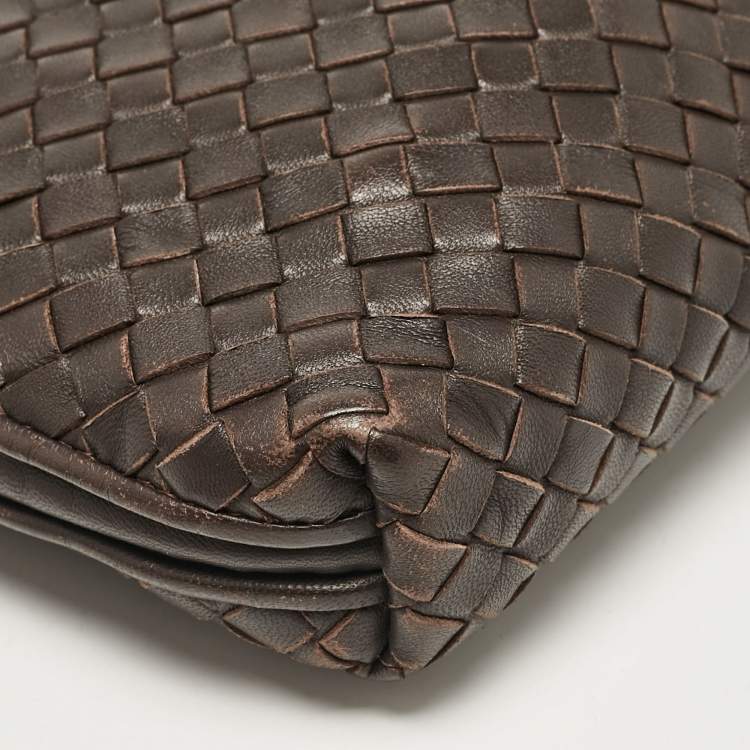 Pre Owned Bottega Veneta Dark Brown Intrecciato Leather Leather Nodini Crossbody Bag