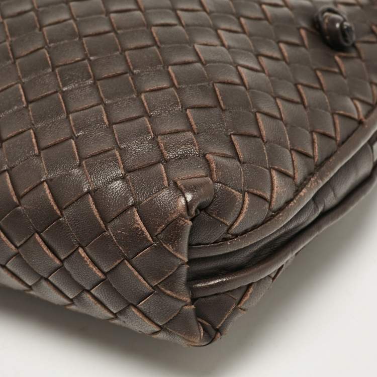 Pre Owned Bottega Veneta Dark Brown Intrecciato Leather Leather Nodini Crossbody Bag