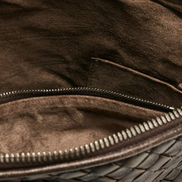 Pre Owned Bottega Veneta Dark Brown Intrecciato Leather Leather Nodini Crossbody Bag