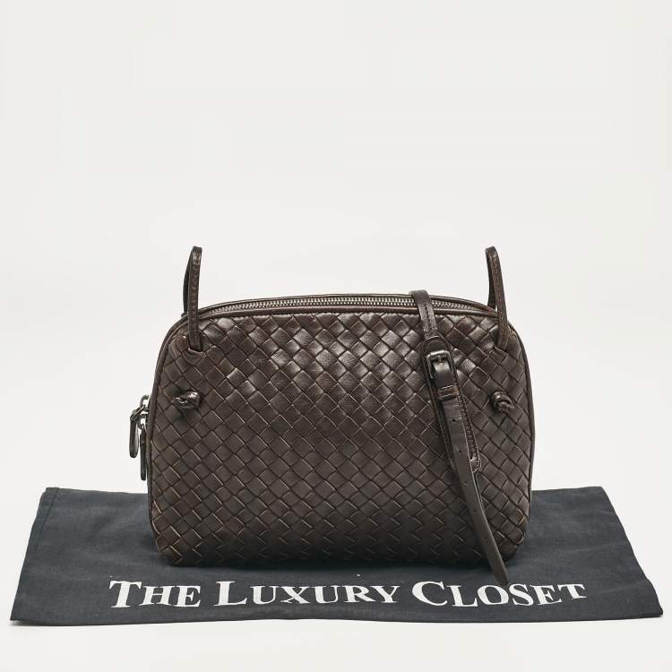 Pre Owned Bottega Veneta Dark Brown Intrecciato Leather Leather Nodini Crossbody Bag