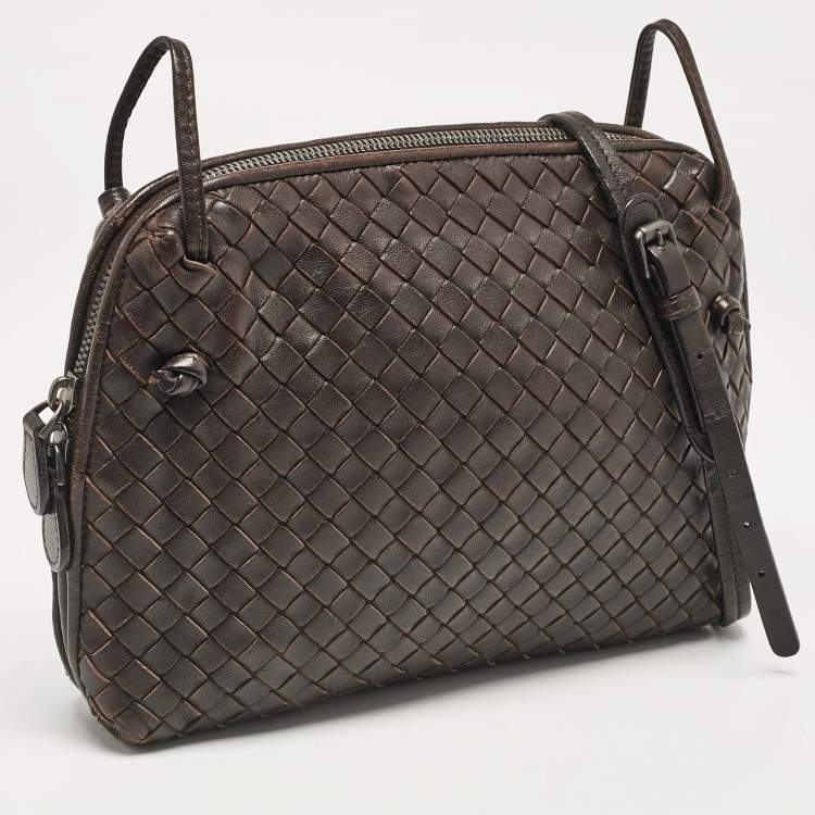 Pre Owned Bottega Veneta Dark Brown Intrecciato Leather Leather Nodini Crossbody Bag