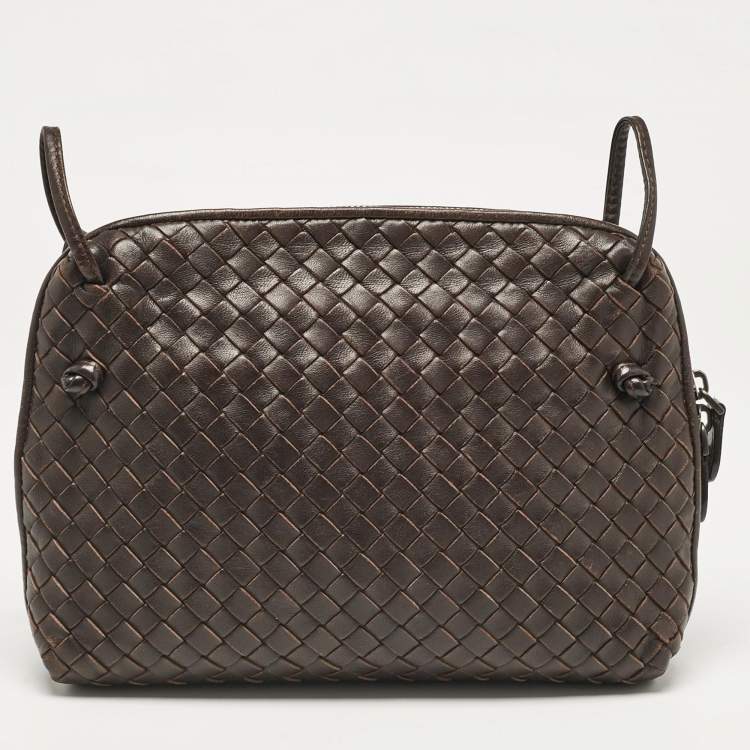 Pre Owned Bottega Veneta Dark Brown Intrecciato Leather Leather Nodini Crossbody Bag