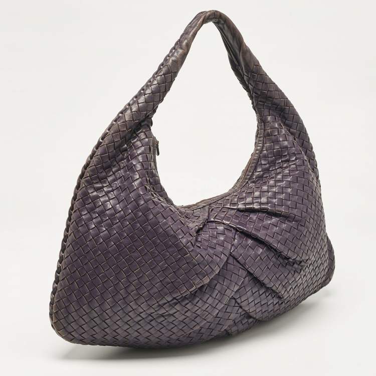 Pre Owned Bottega Veneta Purple Intrecciato Leather Large Pleated Veneta Hobo