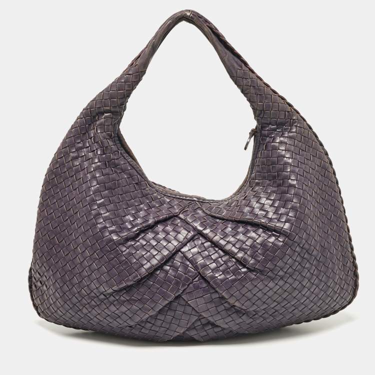Pre Owned Bottega Veneta Purple Intrecciato Leather Large Pleated Veneta Hobo