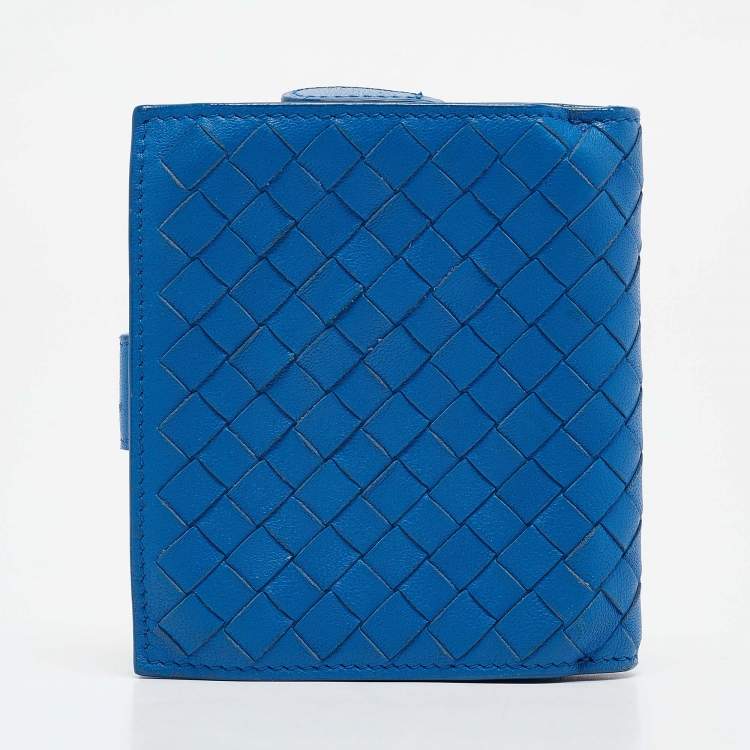 Pre Owned Bottega Veneta Blue Intrecciato Leather Compact Wallet