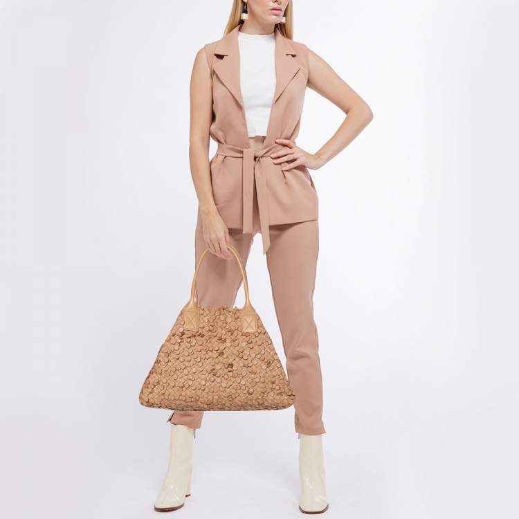 Pre Owned Bottega Veneta Peach Intrecciato Leather Limited Edition 0202/1000 Poussin Paillettes Cabat Tote