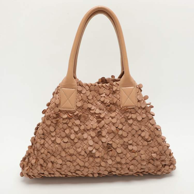 Pre Owned Bottega Veneta Peach Intrecciato Leather Limited Edition 0202/1000 Poussin Paillettes Cabat Tote