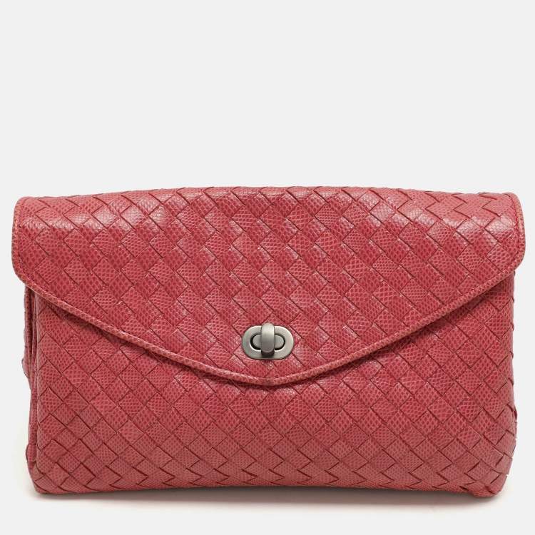 Pre Owned Bottega Veneta Red Intrecciato Karung Leather Clutch