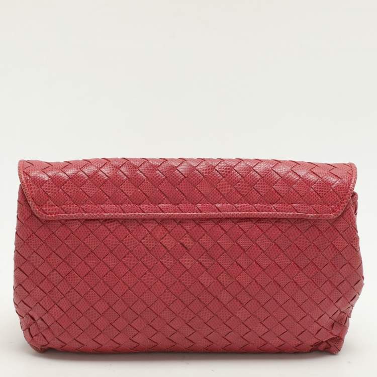 Pre Owned Bottega Veneta Red Intrecciato Karung Leather Clutch