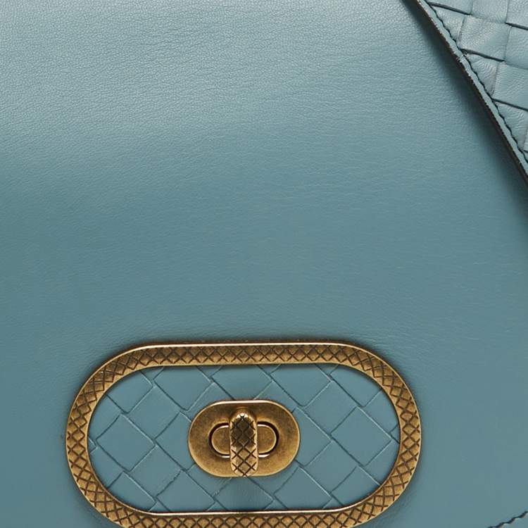 Pre Owned Bottega Veneta Stone Blue Intrecciato Leather Luna Shoulder Bag