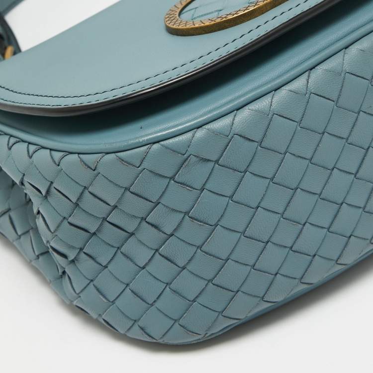 Pre Owned Bottega Veneta Stone Blue Intrecciato Leather Luna Shoulder Bag