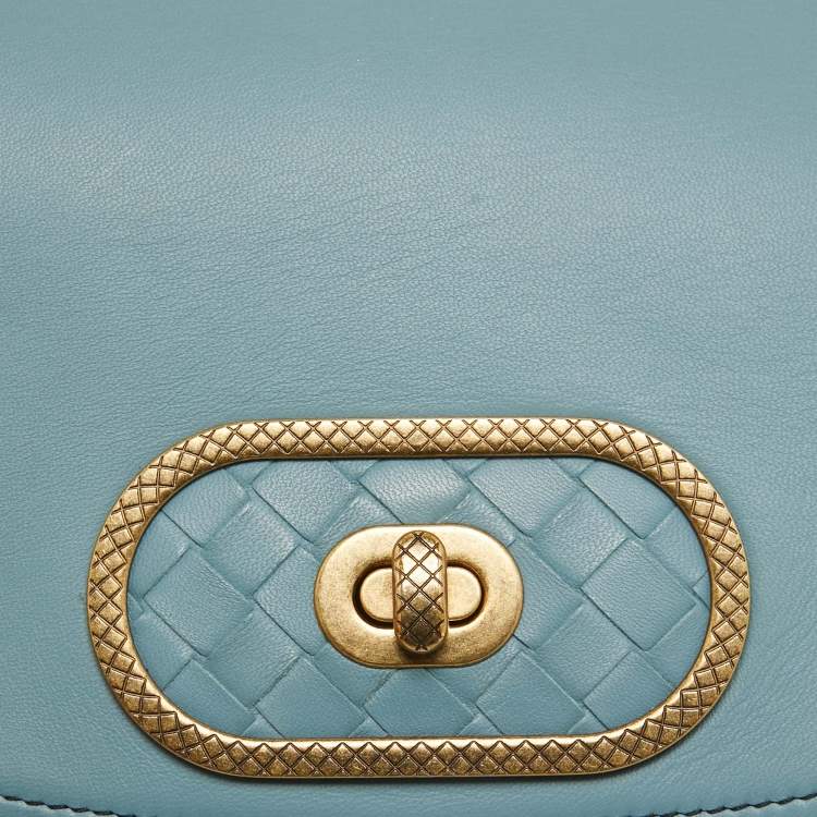 Pre Owned Bottega Veneta Stone Blue Intrecciato Leather Luna Shoulder Bag