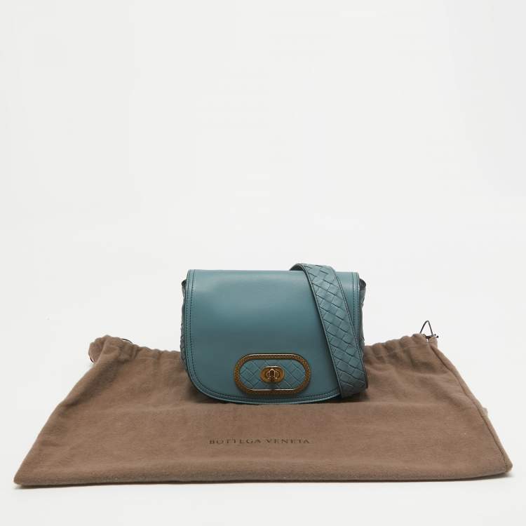 Pre Owned Bottega Veneta Stone Blue Intrecciato Leather Luna Shoulder Bag