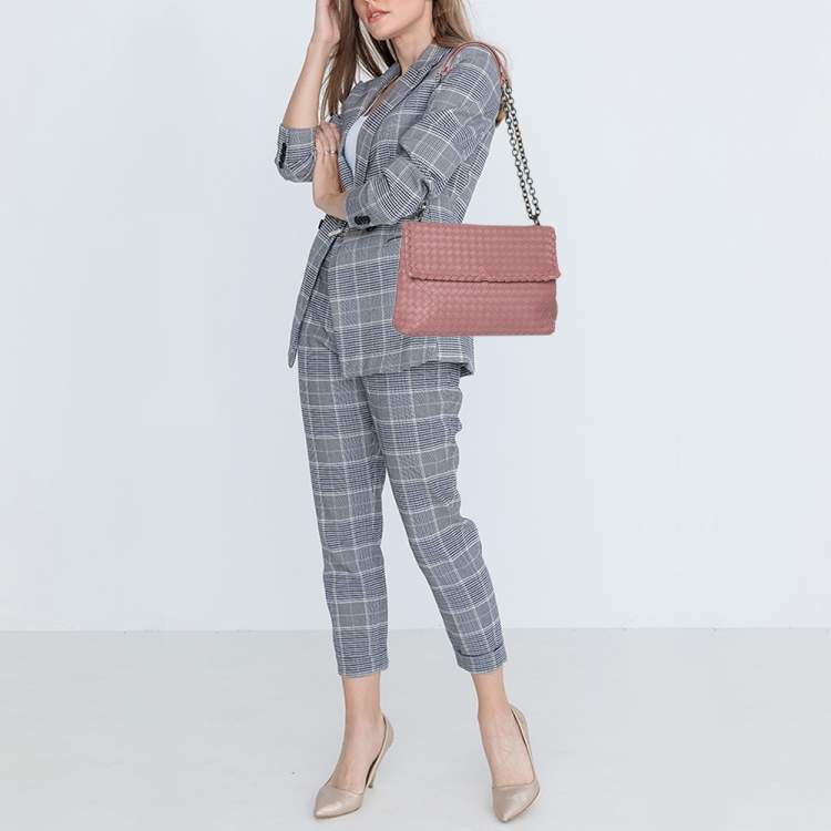 Pre Owned Bottega Veneta Pink Intrecciato Leather Medium Olimpia Flap Shoulder Bag