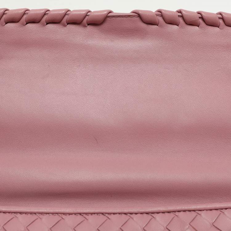 Pre Owned Bottega Veneta Pink Intrecciato Leather Medium Olimpia Flap Shoulder Bag