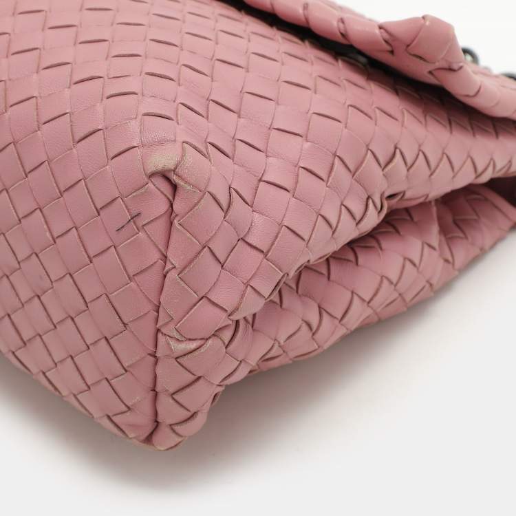 Pre Owned Bottega Veneta Pink Intrecciato Leather Medium Olimpia Flap Shoulder Bag