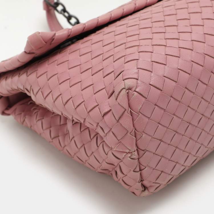 Pre Owned Bottega Veneta Pink Intrecciato Leather Medium Olimpia Flap Shoulder Bag