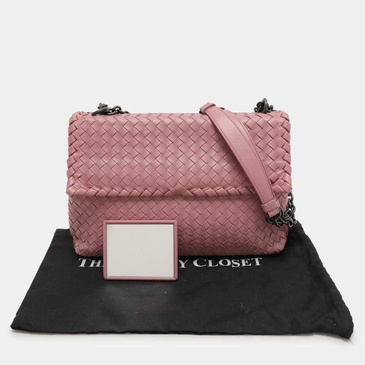 Pre Owned Bottega Veneta Pink Intrecciato Leather Medium Olimpia Flap Shoulder Bag