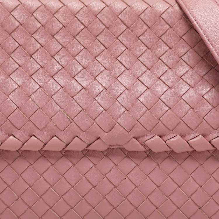 Pre Owned Bottega Veneta Pink Intrecciato Leather Medium Olimpia Flap Shoulder Bag