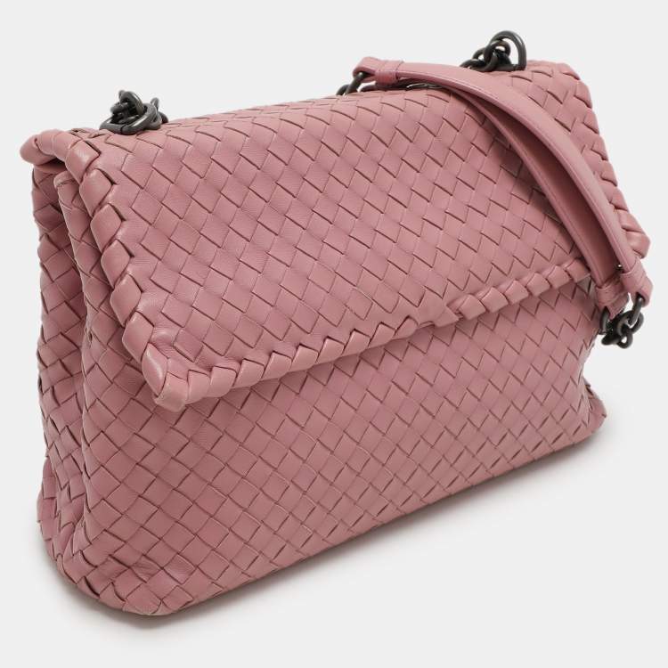 Pre Owned Bottega Veneta Pink Intrecciato Leather Medium Olimpia Flap Shoulder Bag