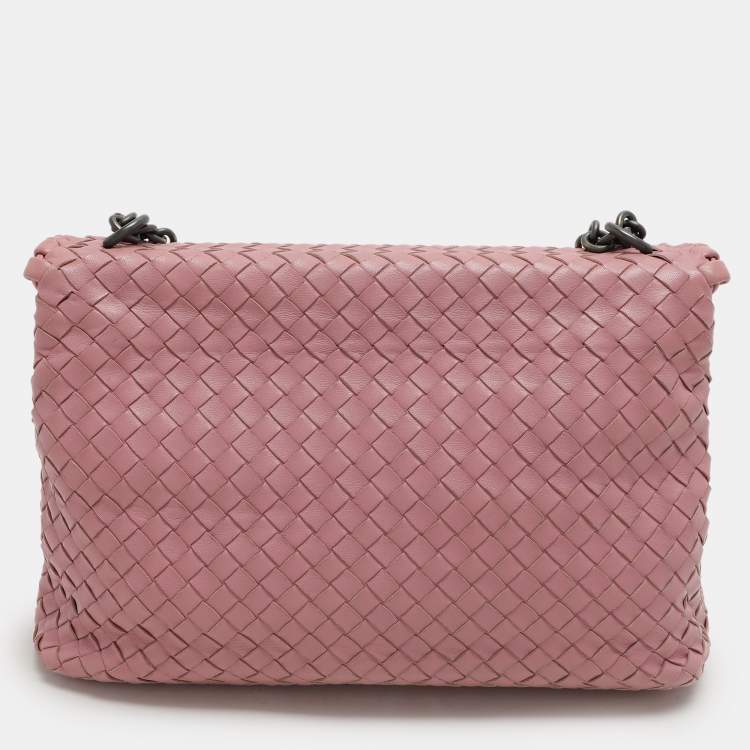 Pre Owned Bottega Veneta Pink Intrecciato Leather Medium Olimpia Flap Shoulder Bag