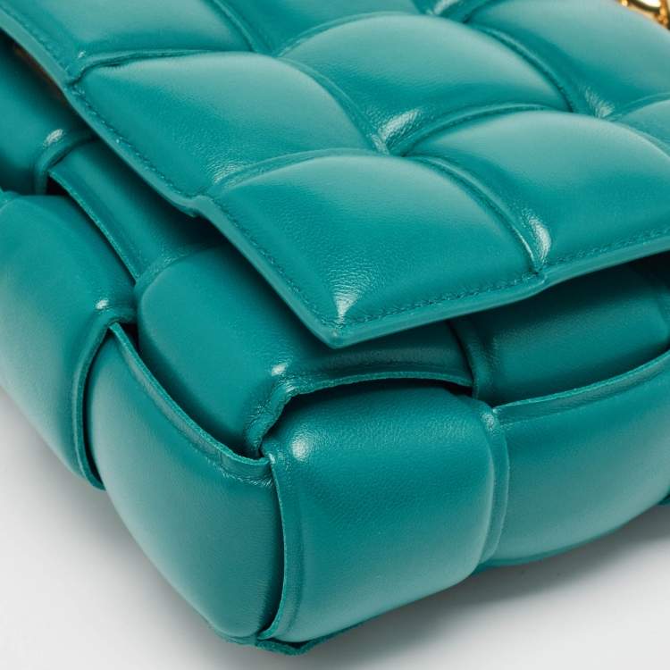 Pre Owned Bottega Veneta Teal Green Leather Padded Chain Cassette Top Handle Bag
