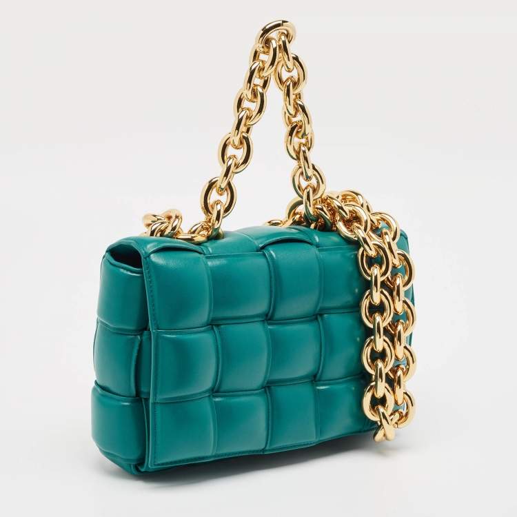 Pre Owned Bottega Veneta Teal Green Leather Padded Chain Cassette Top Handle Bag