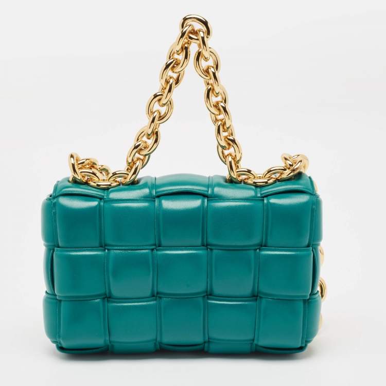 Pre Owned Bottega Veneta Teal Green Leather Padded Chain Cassette Top Handle Bag