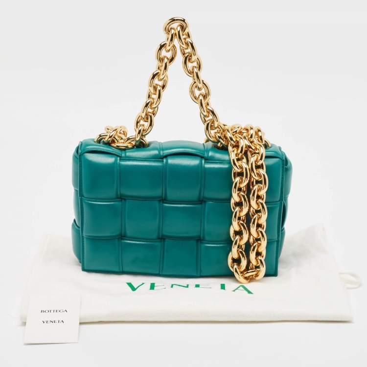 Pre Owned Bottega Veneta Teal Green Leather Padded Chain Cassette Top Handle Bag