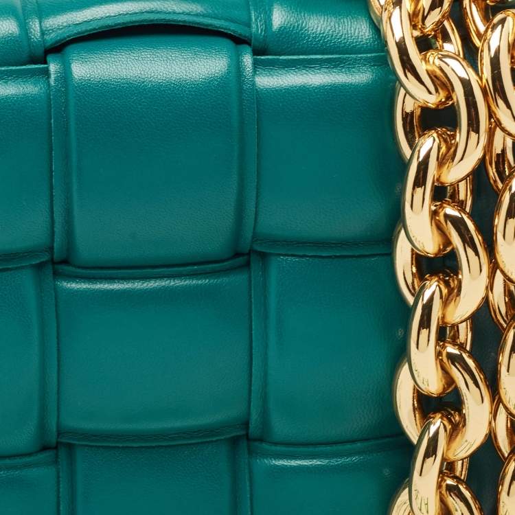 Pre Owned Bottega Veneta Teal Green Leather Padded Chain Cassette Top Handle Bag