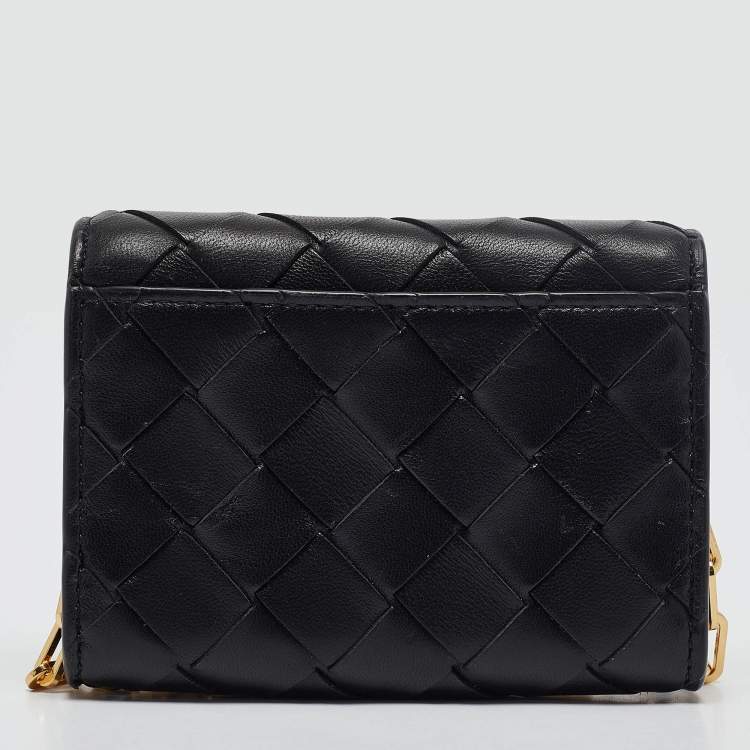 Pre Owned Bottega Veneta Black Intrecciato Leather Trio Card Case On Chain 