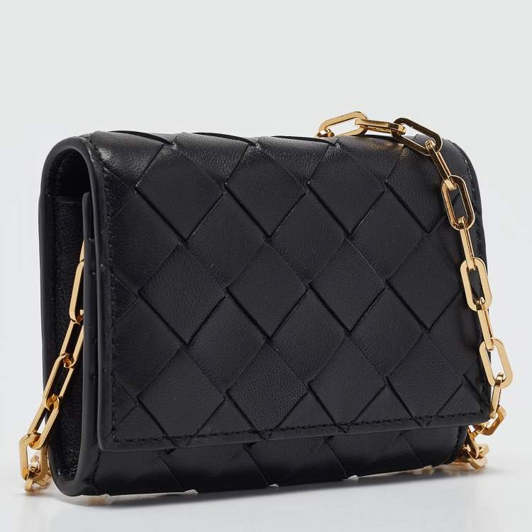 Pre Owned Bottega Veneta Black Intrecciato Leather Trio Card Case On Chain 