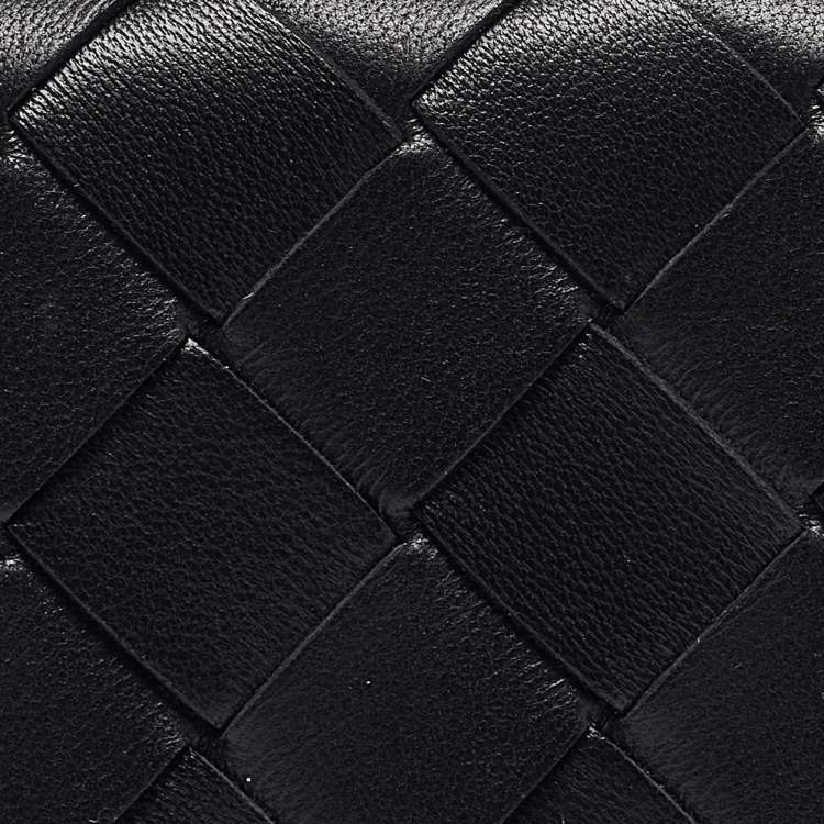 Pre Owned Bottega Veneta Black Intrecciato Leather Trio Card Case On Chain 