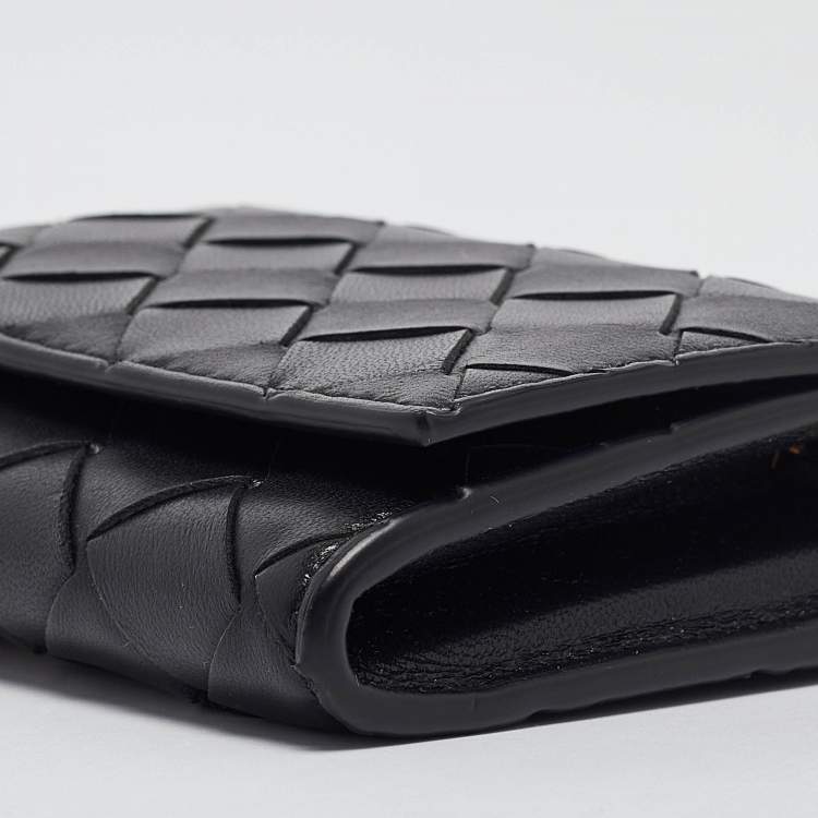 Pre Owned Bottega Veneta Black Intrecciato Leather Trio Card Case On Chain 